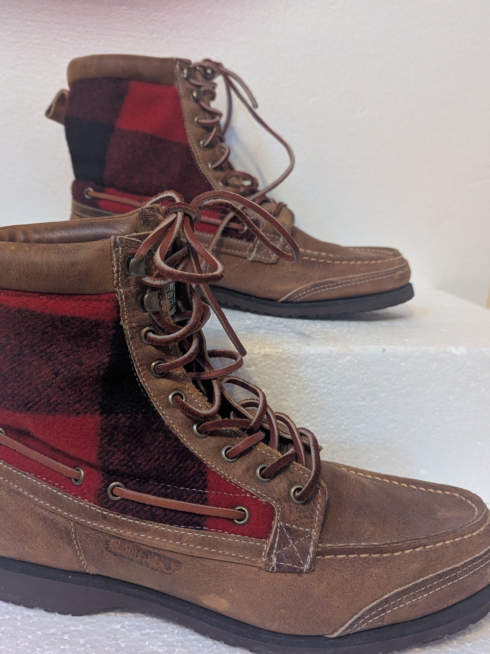 Sebago Brown Leather Boots with Red Plaid Panels